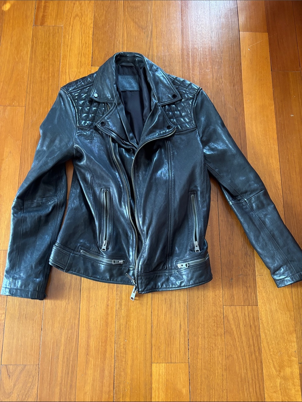 AllSaints Black Quilted Shoulder Leather Motorcycle Jacket - Women